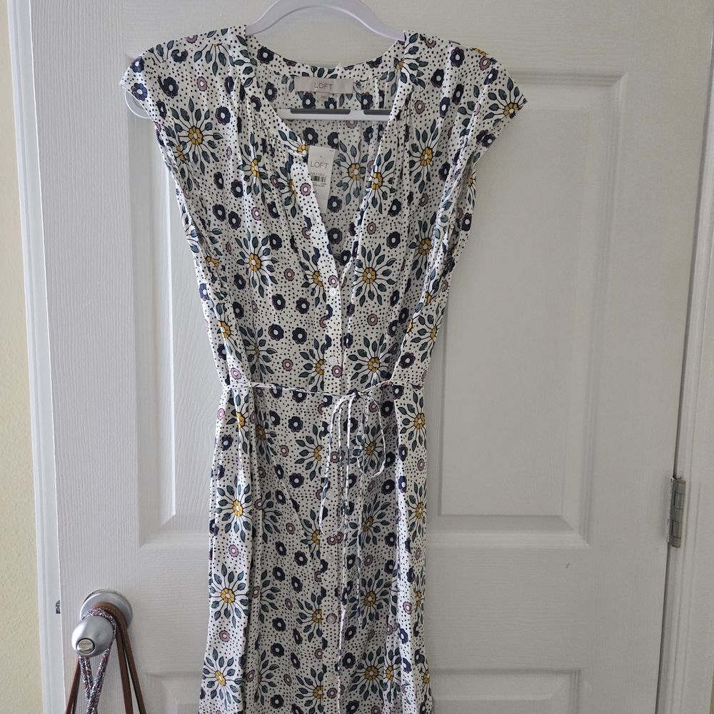 LOFT Navy and Yellow Floral Midi Dress